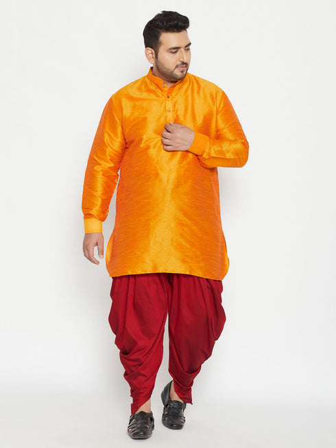 Vastramay Men's Plus Size Orange Silk Blend Curved Kurta Dhoti Set